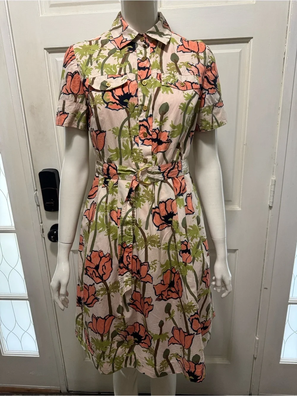 Tory Burch Cream Floral Shirt Dress with Pink and Green Accents Size 2